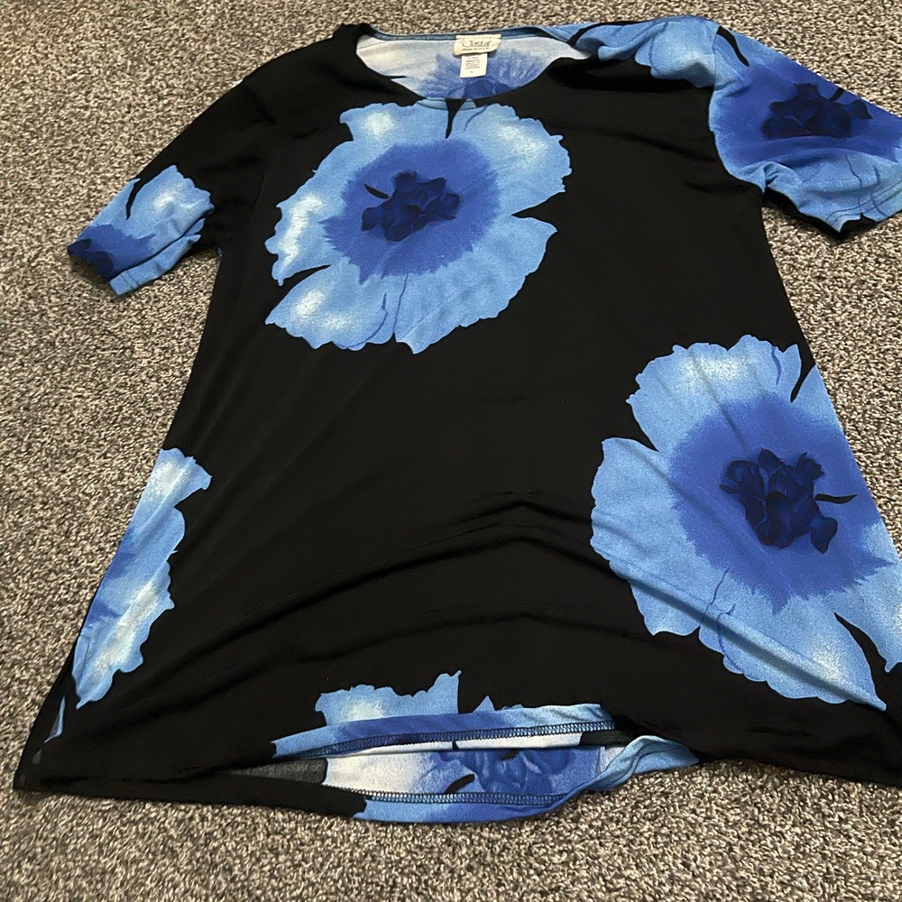 Vintage Jostar Black and Blue Floral Shoulder Pads Short Sleeve Blouse XL